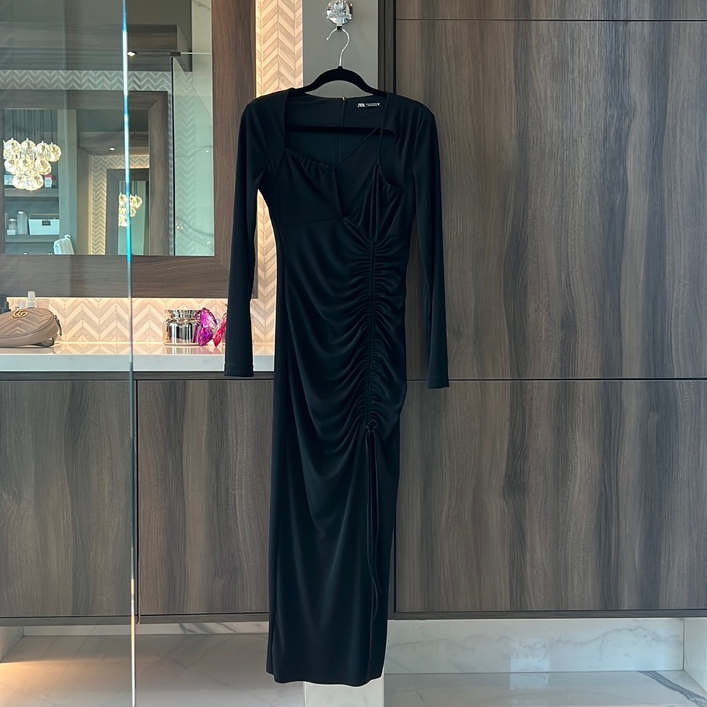 Zara black gathered asymmetrical long dress. Worn once.